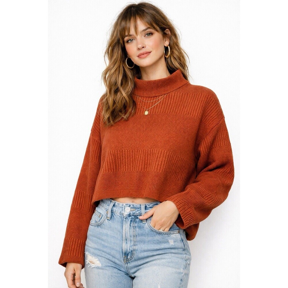 Rust Cropped Mock Neck Sweater